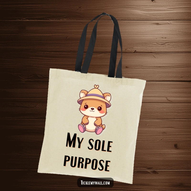 Funny tote bag designed with an amusing animal character sporting a hat and shoes on its hands.