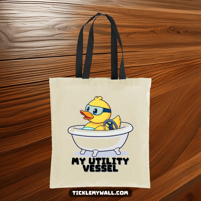 Funny tote bag with a rubber duck aggressively racing a bathtub like a speed machine, a humorous accessory.